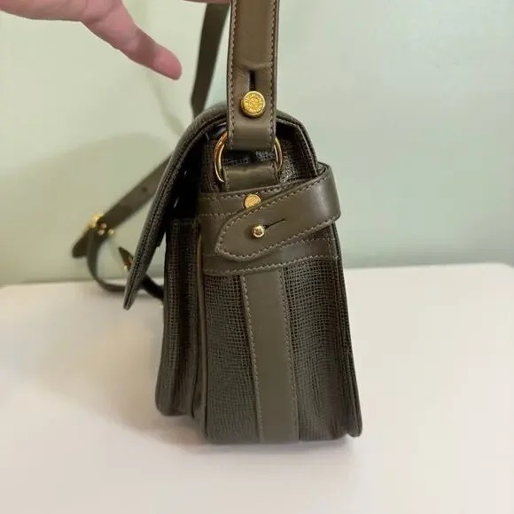 Vintage Hunting World Crossbody Shoulder Bag Green Flap Battue Leather ITALY - Picture 7 of 12